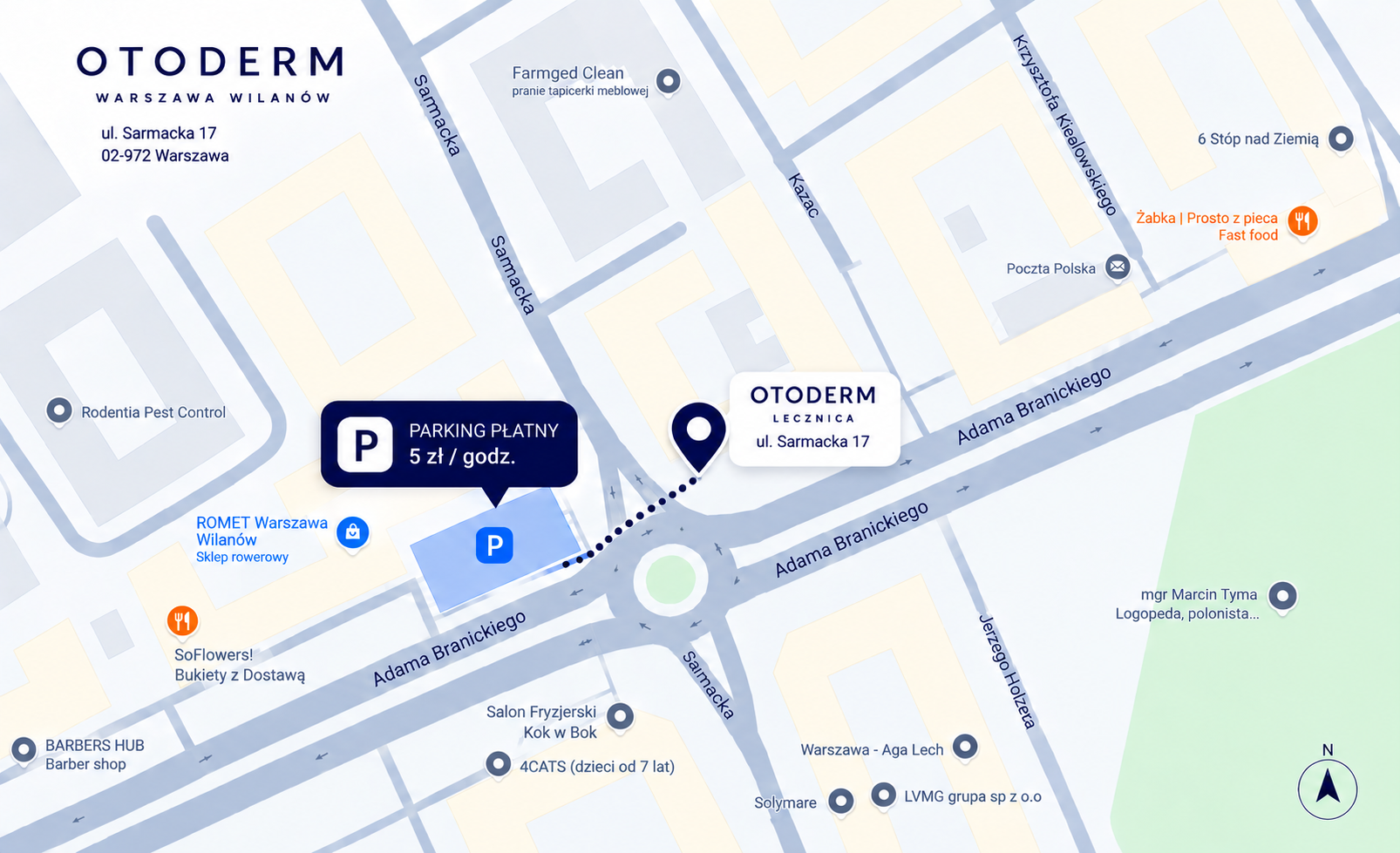 Mapa parkingu w pobliżu lecznicy Otoderm przy ul. Sarmackiej 17 w Warszawie